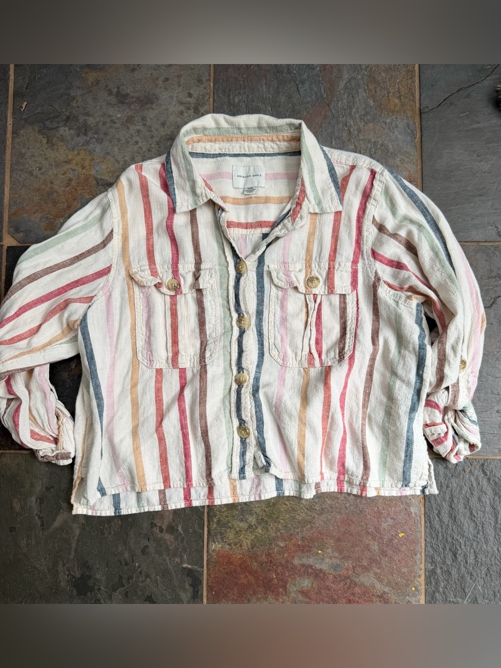 American Eagle Outfitters Multicolor Striped Button-Down Linen Shirt - M